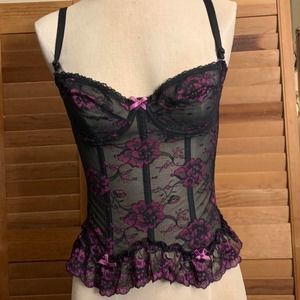 Vintage Pink Black Sheer Floral Corset Bustier Top Undercover Wear USA 34
